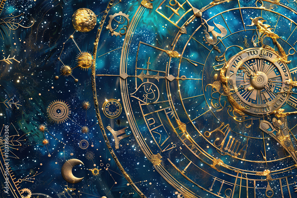 Wall mural astrological composition with zodiac circle in signs and symbols