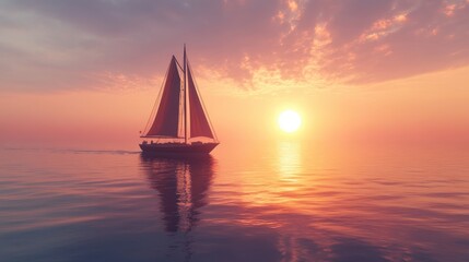 Fototapeta premium A detailed view of a sailing boat gliding across the calm sea at sunset, with the sky glowing orange and pink.