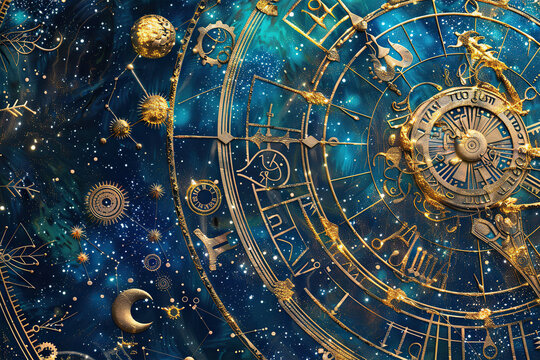 Astrological composition with zodiac circle in signs and symbols