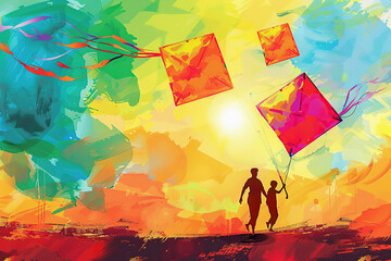 Fototapeta premium Beautiful greeting card with colorful kites soaring high above vibrant sky to holiday composition