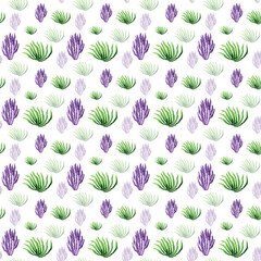 Watercolor seamless pattern with seaweed, animals and fish