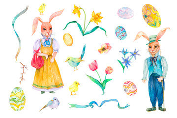 Easter garden png, rabbit characters, watercolor sticker set