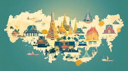 Colorful map of Thailand with landmarks and points of interest highlighted