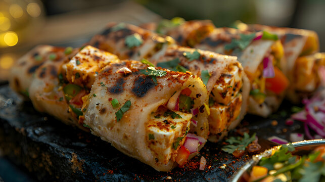 A close-up of paneer kathi rolls with a sprinkle of chaat masala