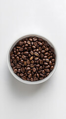 Fototapeta premium White paper container filled with coffee beans on a white surface, soft lighting enhances the minimalistic design and focus on the product.
