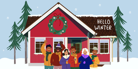 Red cozy wooden house decorated for Christmas, New year celebration. Christmas winter houses. Friends characters celebrate New Year's holidays on the background of a festive house