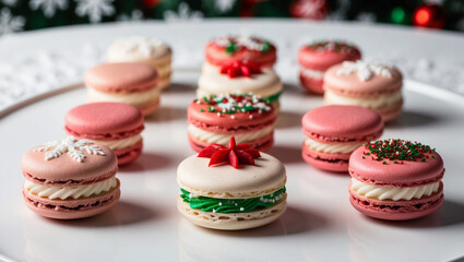 Colorful macaroons on a white tray on a Christmas background