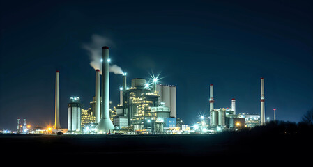 Panoramic night view of an electric power station with bright lights illuminating its towers, pipes, and machinery. The dark, starry sky adds depth to the scene.