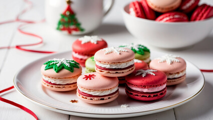 Colorful macaroons on a white tray on a Christmas background