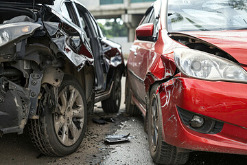 Collision of two vehicles involved in major accident on city road with damage