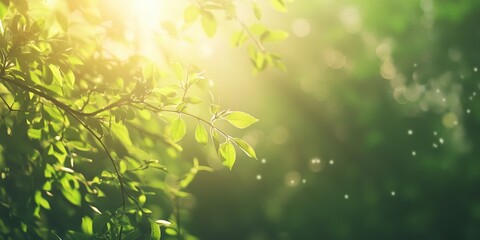 Obraz premium Soft sunlight shines through the forest with bright green grass and colorful leaves on a bright and beautiful day.