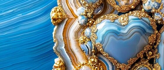 Obraz premium A tight shot of a blue-and-gold wallpaper featuring a heart-shaped object centrally positioned