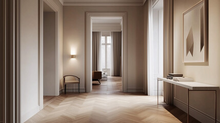 Serene minimalist hallway with neutral-colored walls, a single piece of geometric wall art, and a sleek console table with understated decor