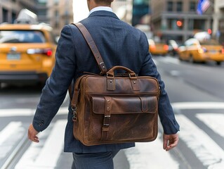 A businessman walks across a city street, carrying a leather bag amidst urban traffic.