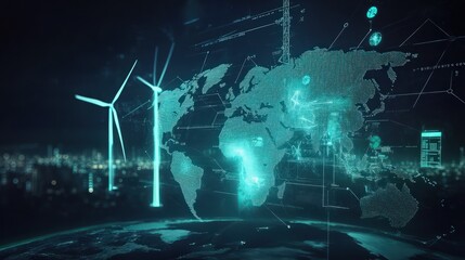 A network sustainable energy solutions displayed on a digital map, highlighting global efforts to achieve green energy goals