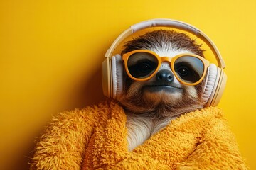 Fototapeta premium A cute sloth in sunglasses and headphones, wrapped in a towel, against a vibrant yellow background, radiating relaxation and fun.