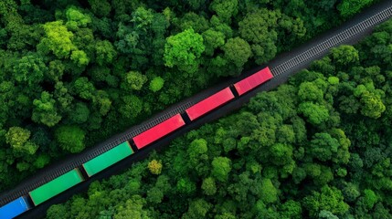 Aerial View of Freight Train Tracks Through Lush Forest