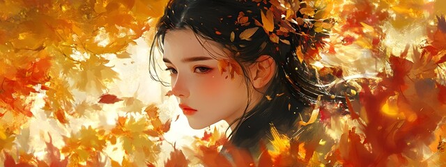 A girl with autumn leaves in her hair, surrounded by golden and red foliage, in the style of Chinese painting