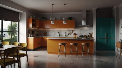 Fototapeta premium Modern kitchen with orange cabinets, an island, and a large window overlooking a garden.