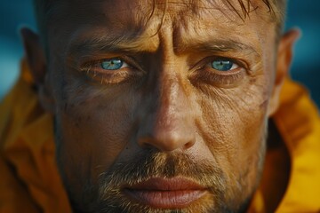 Obraz premium Intense close-up of a weathered man with striking blue eyes wearing a bright jacket against a blurred backdrop