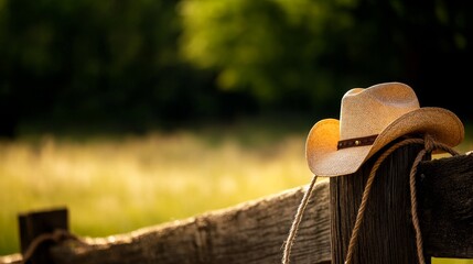 A weathered cowboy hat rests on a rustic wooden fence post, symbolizing the spirit of the American West. The soft golden light and blurred background evoke a sense of tranquility and solitude.