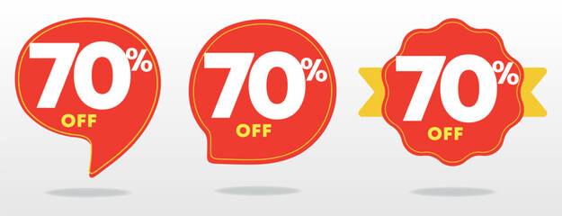 70% off. Special offer marketing, tag, sticker, ads, social media. Promo poster, percentage, value, price. Red, yellow sign. Shop, sales, retail, store. Set, vector, icon