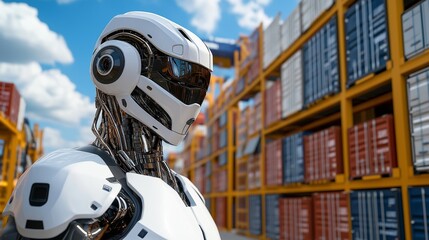 Futuristic Robot at Cargo Shipping Container Terminal