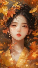 A girl with autumn leaves in her hair, surrounded by golden and red foliage, in the style of Chinese painting