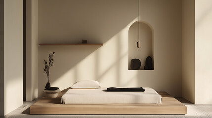 Simple and clean minimalist bedroom design featuring a low-profile bed, a floating shelf with minimal decor, and neutral colors