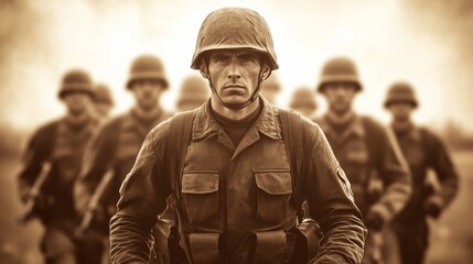 Fototapeta premium Vintage sepia-toned image of soldiers marching, worn and slightly faded edges, giving a nostalgic feel for Veterans Day history 