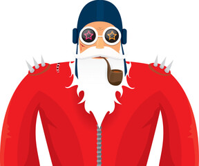 vector cool rock n roll santa claus with smoking pipe, santa beard and funky hat isolated on transparent horizontal banner background with snowflakes. Horizontal Christmas hipster party poster
