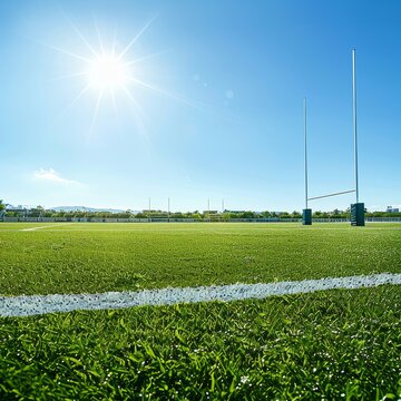 A wide shot of a vibrant green rugby field with white lines, under a clear blue sky, showcasing goalposts and a bright sun.