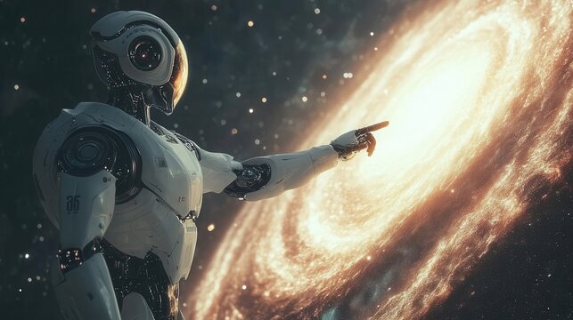 A futuristic robot points towards a bright spiral galaxy in deep space, symbolizing the intersection of technology and the cosmos.