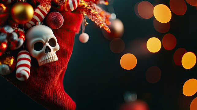 Christmas Background, Christmas stocking adorned with skull and festive decorations on dark background.