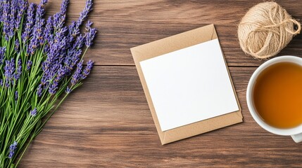 Naklejka premium Rustic Women's Day mockup with a blank card placed on a wooden background, surrounded by lavender sprigs, a cozy cup of tea, and natural twine, creating a warm and earthy aesthetic 