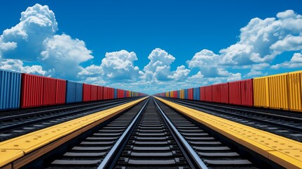 Fototapeta premium Railway Tracks with Colorful Cargo Containers Under Blue Sky