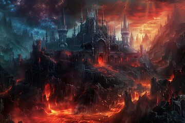 Scary sinister devil is in hell with dramatic fire lighting on the background