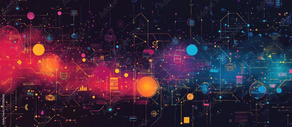 Poster abstract digital background with glowing lines and shapes in red, blue, and yellow on a dark backgro