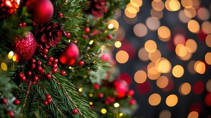 Christmas Background, Close-up of a festive Christmas tree with decorations and beautiful bokeh lights.