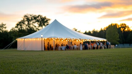 Outdoor fundraiser with a large tent, colorful banners, and guests mingling under string lights, enjoying food and drinks while a live band plays on a small stage to support the cause 