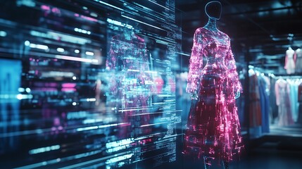 Fashion design process involving AI and algorithms generating clothing concepts on a digital screen