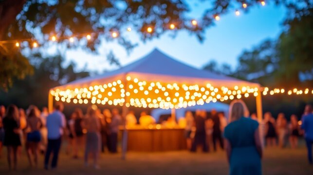 Outdoor fundraiser with a large tent, colorful banners, and guests mingling under string lights, enjoying food and drinks while a live band plays on a small stage to support the cause 
