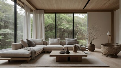 AI-Generated Image of a Japandi-Style Modern Minimalist Living Room with Large Floor-to-Ceiling Windows
