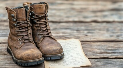 Military boots and a faded letter, laying on a wooden surface, with an old photograph of soldiers, nostalgic Veterans Day remembrance 