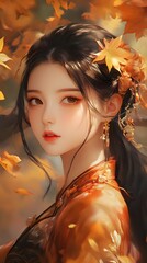 A girl with autumn leaves in her hair, surrounded by golden and red foliage, in the style of Chinese painting