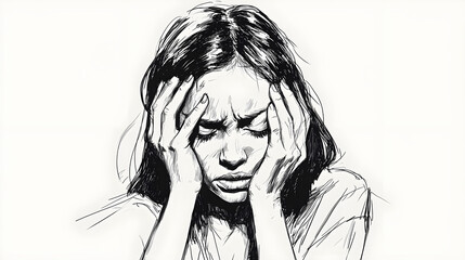 Facepalm woman drawing, disappointment guy sketch, sad covering face with hands, illustration