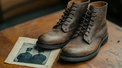 Military boots and a faded letter, laying on a wooden surface, with an old photograph of soldiers, nostalgic Veterans Day remembrance 