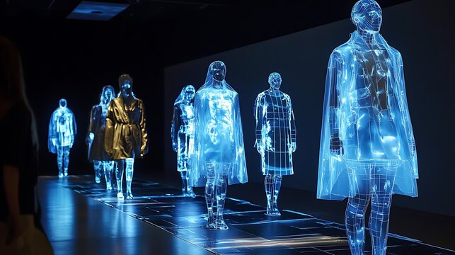 Fashion runway featuring clothing that adapts in real-time, with digital screens displaying garment transformations
