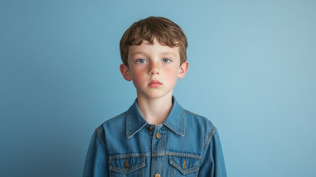 A young boy with short brown hair, wearing a denim jacket, stares intently at the camera, his expression serious and introspective. His blue eyes and freckled cheeks add a touch of innocence and vulne