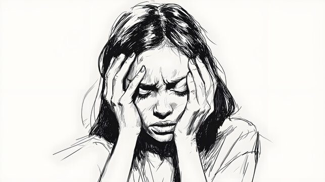 Facepalm woman drawing, disappointment guy sketch, sad covering face with hands, illustration